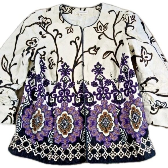 Coldwater Creek Jacket Purple Multicolor Print 3/4 Ruched Sleeve Preppy BOHO 10P - Picture 1 of 3